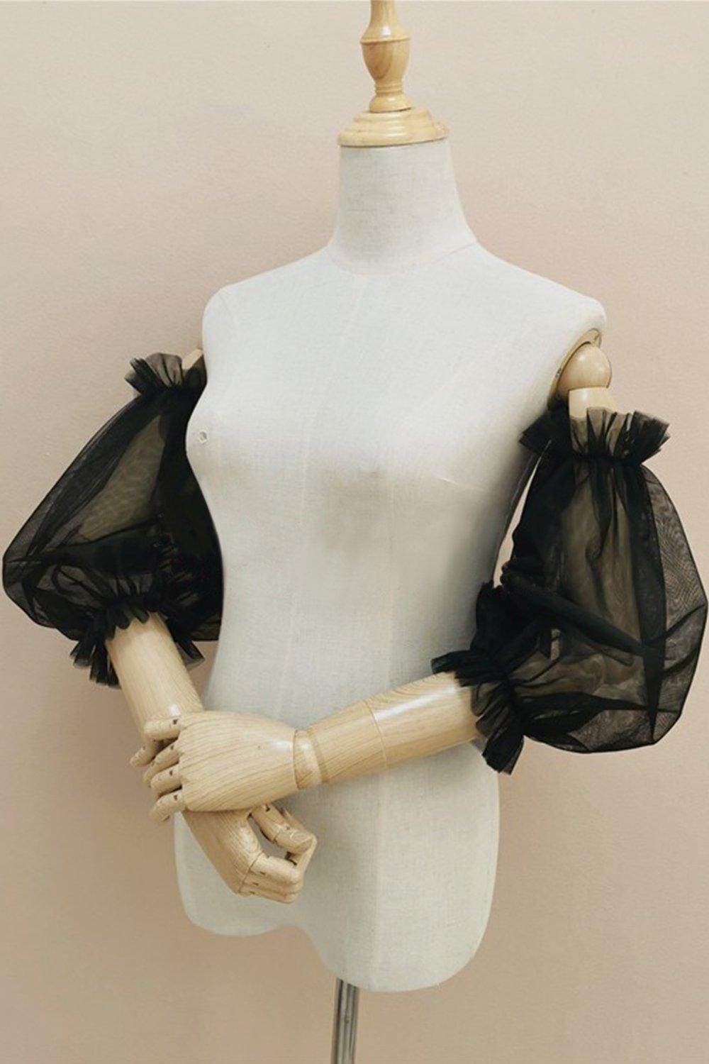 Black Tulle Detachable Long Sleeves with Ruched CZ0331 - COCOMELODY